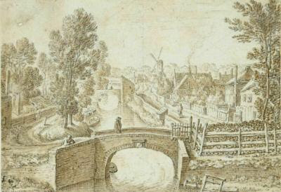 Gezicht vanaf de stadswal te Utrecht op de Bemuurde Weerd met de Westerstroom, die onder de brug op de voorgrond - in de Weerdsingel Westzijde - uitkomt in de stadsbuitengracht;  H. Saftleven, ca. 1670